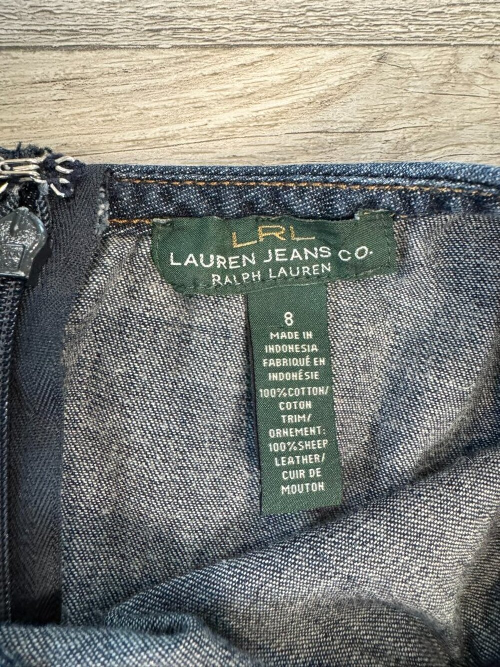 LRL Ralph Lauren Jeans Dark Wash Denim Sleeveless Dress Size 8 Leather Accent A8 - Picture 3 of 5